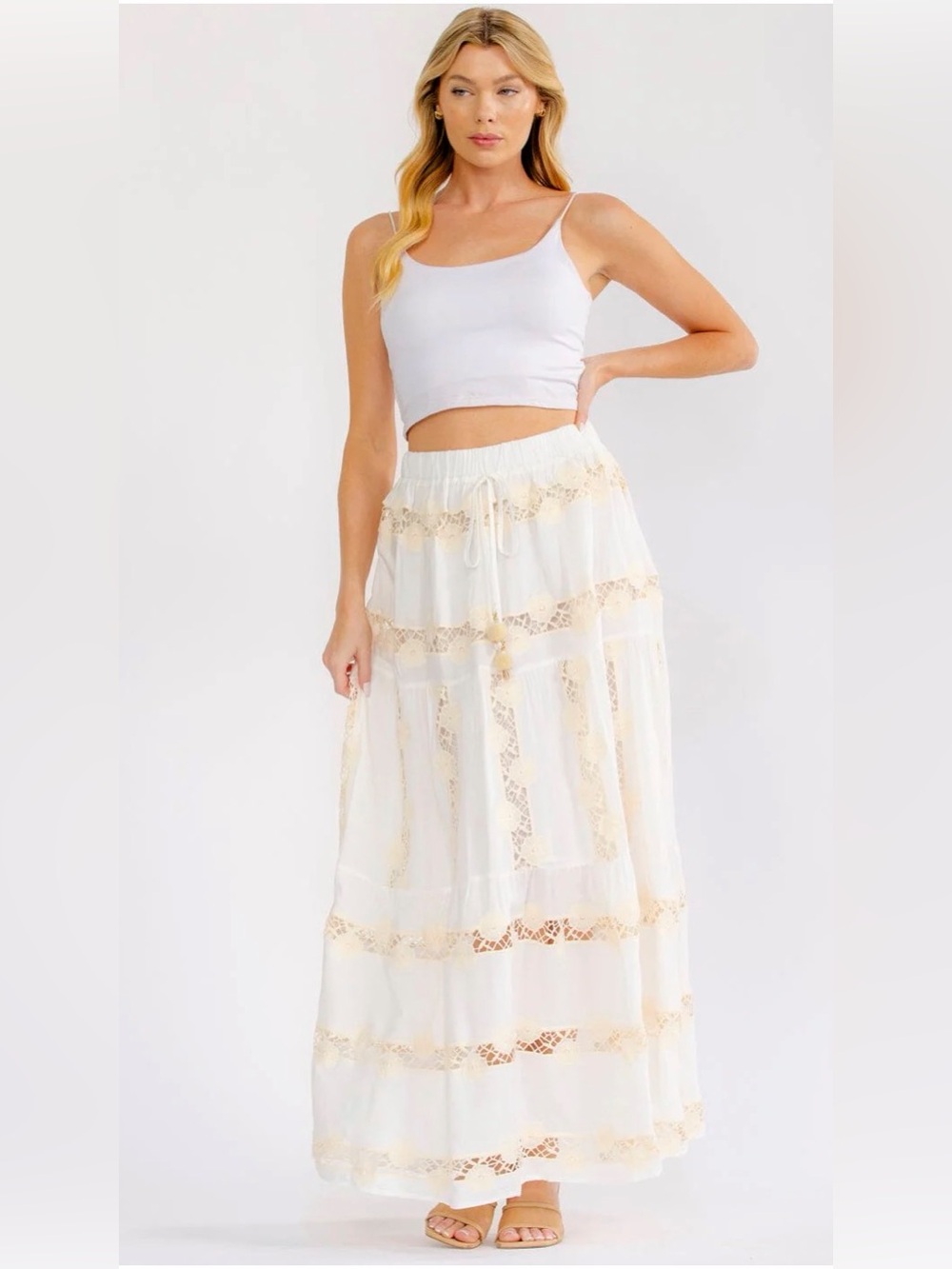 A470. Boho Lace-Trim White Maxi Skirt - Picture 4 of 4